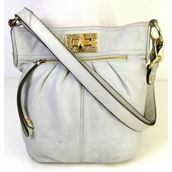 B. Makowsky LIGHT GRAY GENUINE LEATHER X-BODY PURSE SHOULDER BAG HANDBAG POUCH - Picture 1 of 10